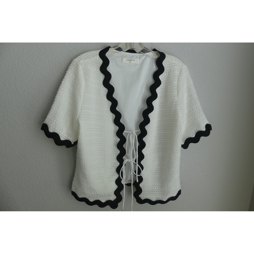 Commense White Textured Knit Ric Rac Trim Tie Front Cardigan Top Medium